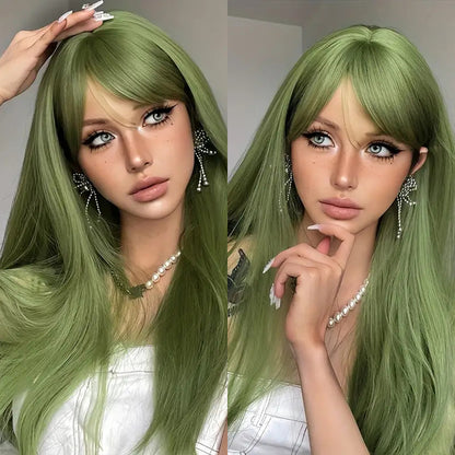 Green long straight hair with a long side parting at the forehead