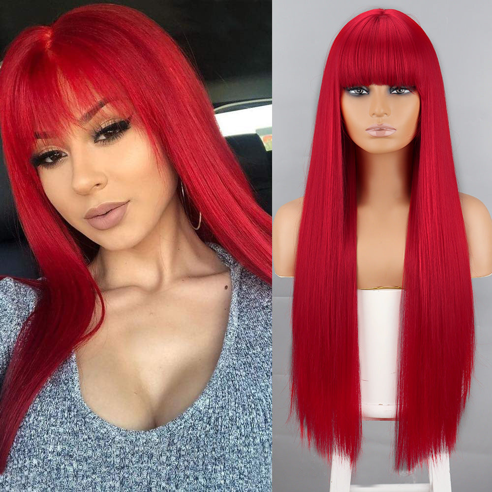 Green long straight hair with a long side parting at the forehead