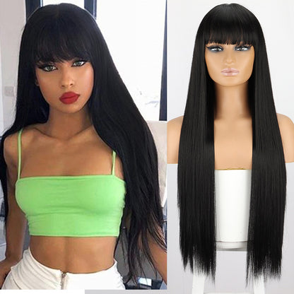 Green long straight hair with a long side parting at the forehead