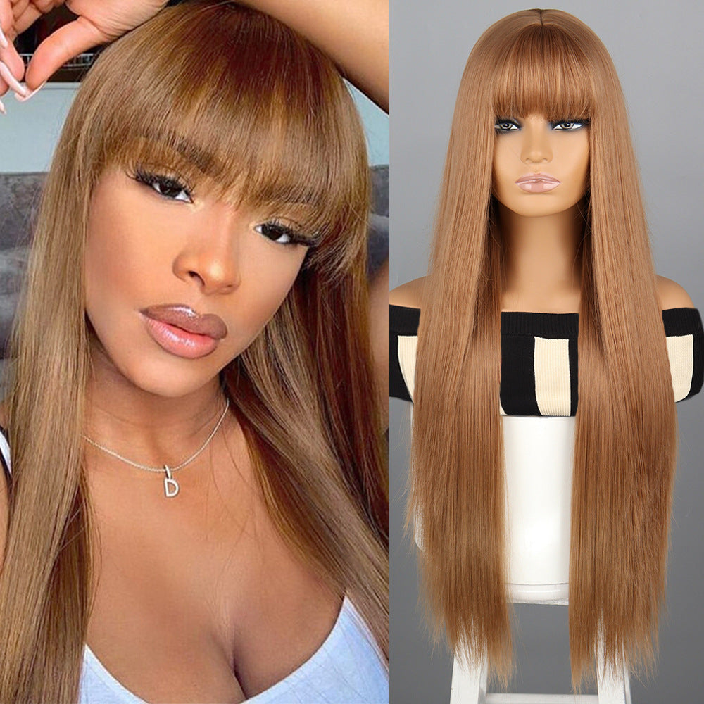 Green long straight hair with a long side parting at the forehead