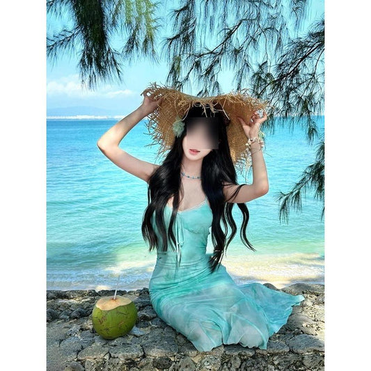 Green printed halter dress