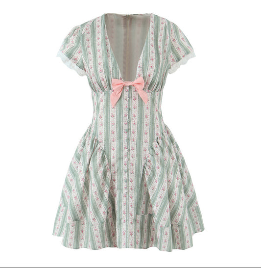 Green Stripesd Cotton Mini Dress
