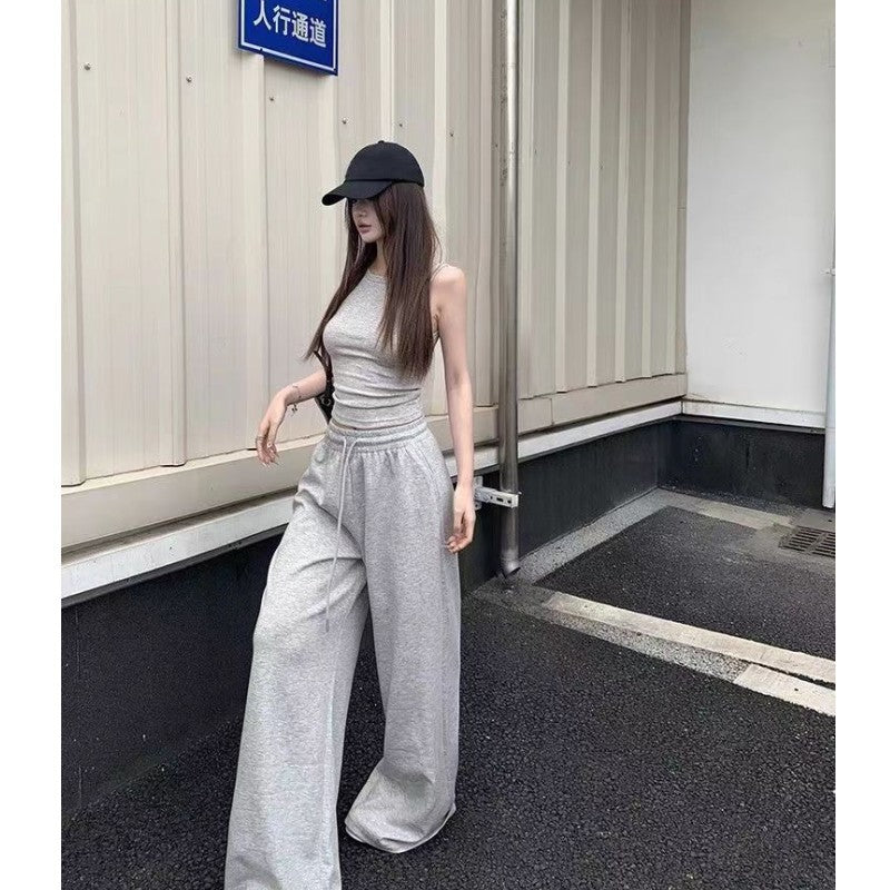 Grey high-waisted casual drawstring sweatpants