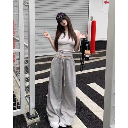 Grey high-waisted casual drawstring sweatpants