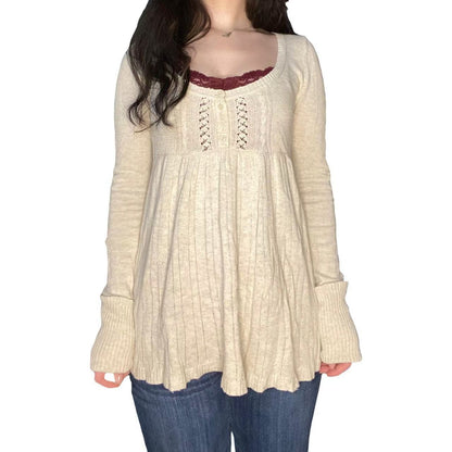 Half-cardigan long-sleeved wide-hem knit sweater