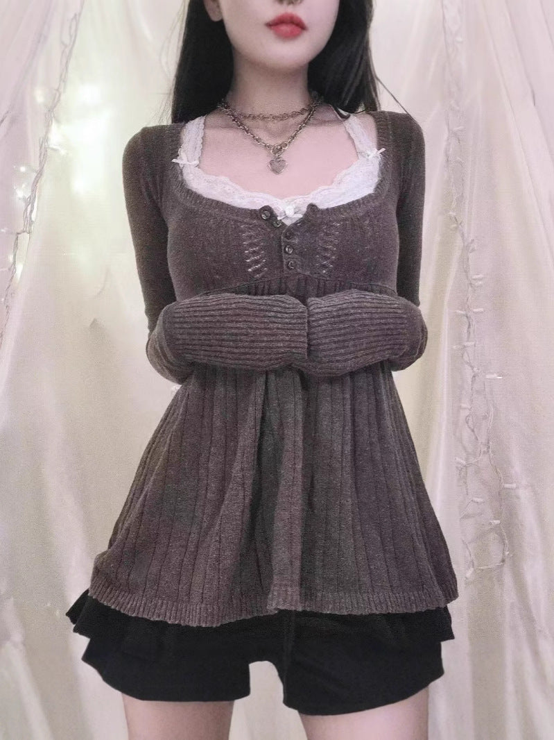 Half-cardigan long-sleeved wide-hem knit sweater