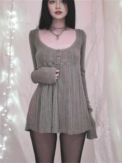 Half-cardigan long-sleeved wide-hem knit sweater
