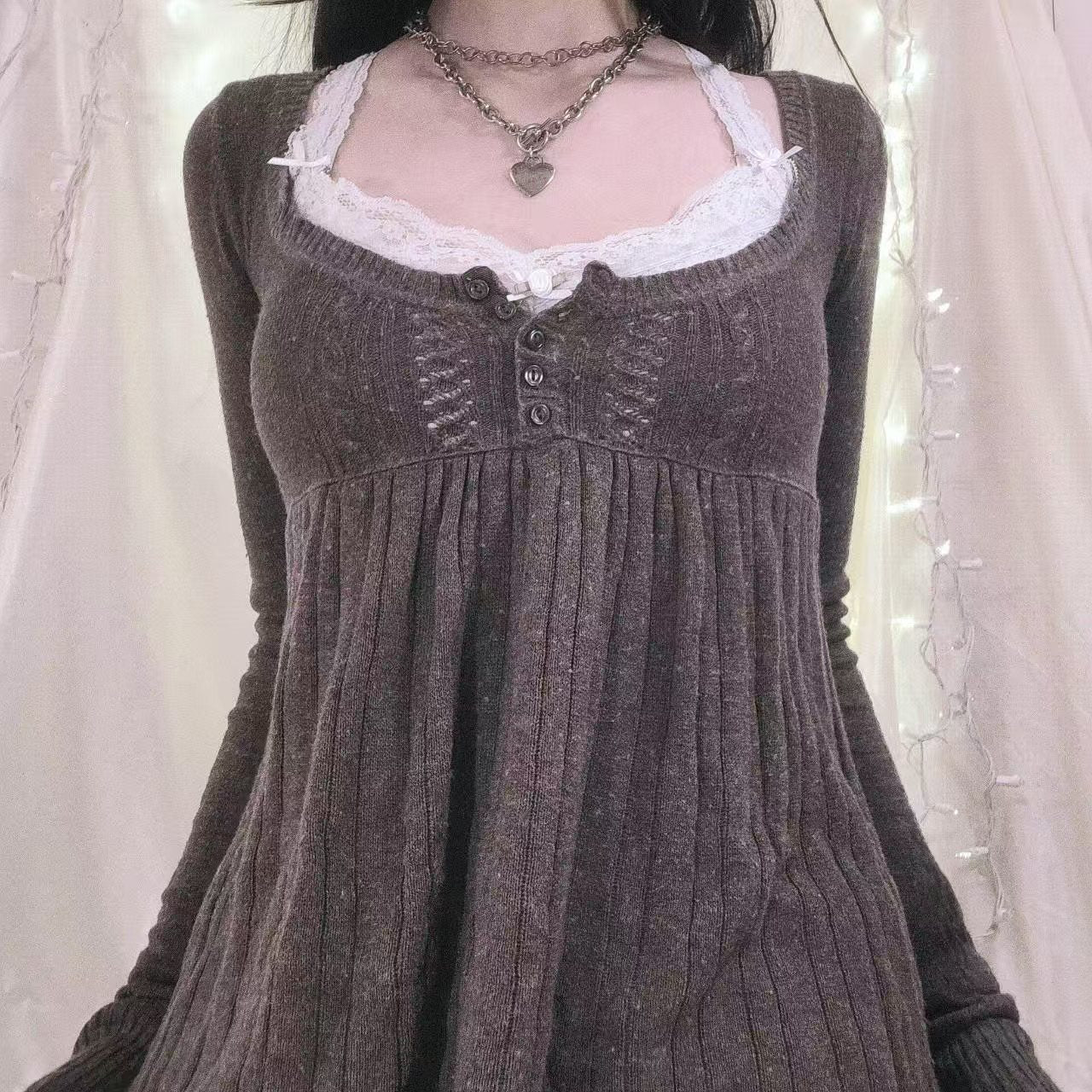 Half-cardigan long-sleeved wide-hem knit sweater