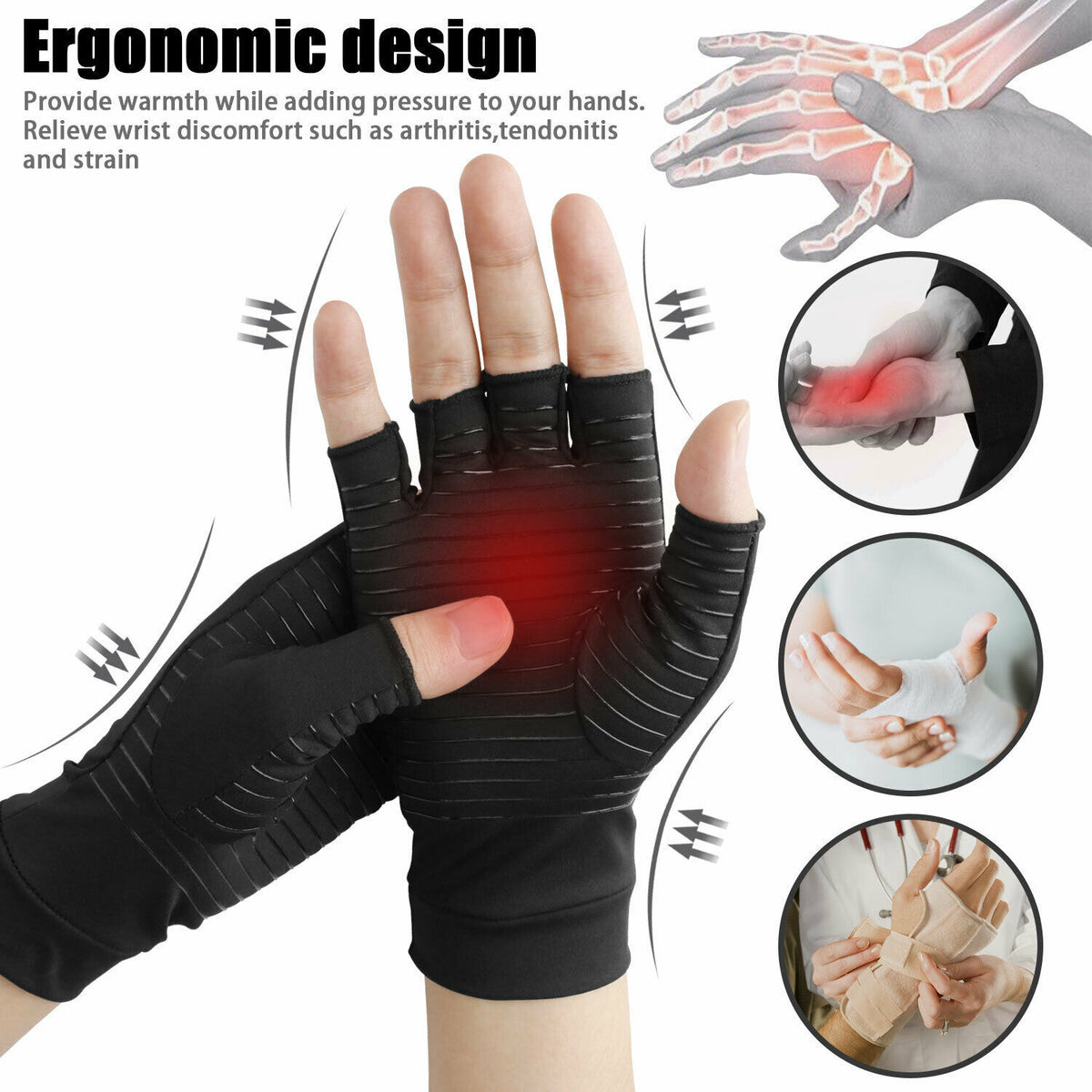 Half Finger Copper Compression Gloves for Wrist Support
