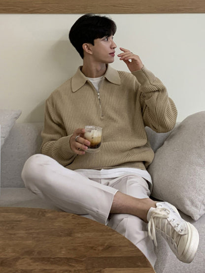 Half Zip Knit Sweater Men Retro Loose Fit Casual Pullover