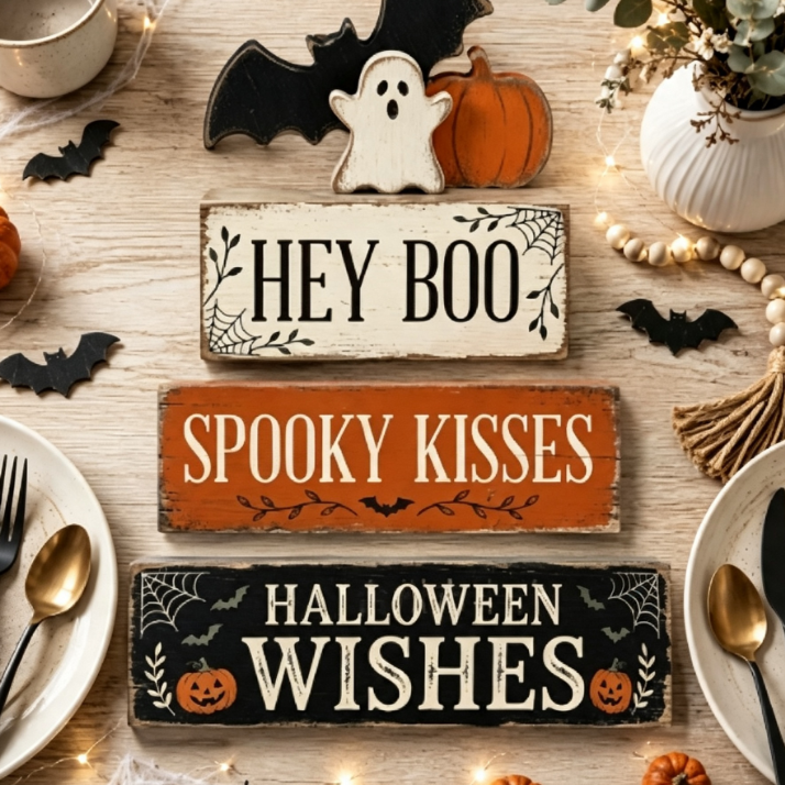 Halloween Ghost Bat Layered Wooden Tray Table Decor