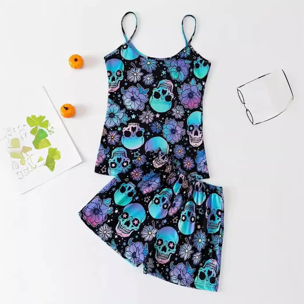 Halloween Skull Print Sling Top Shorts Pajamas