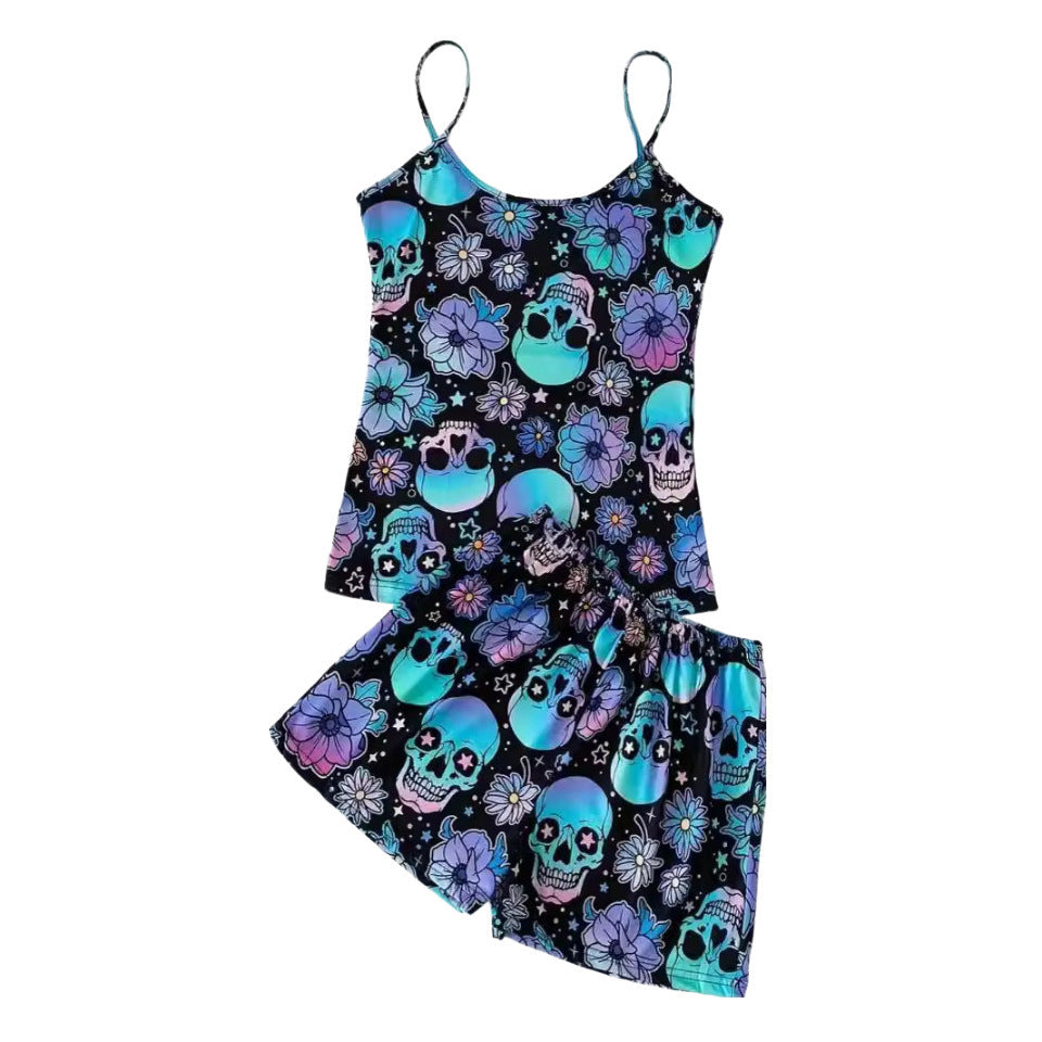 Halloween Skull Print Sling Top Shorts Pajamas