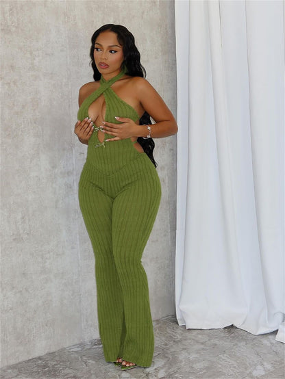 Halter Neck Backless Flared Jumpsuit