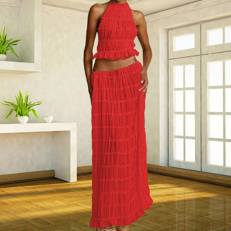 Halter Neck Backless Pleated Lace Long Dress