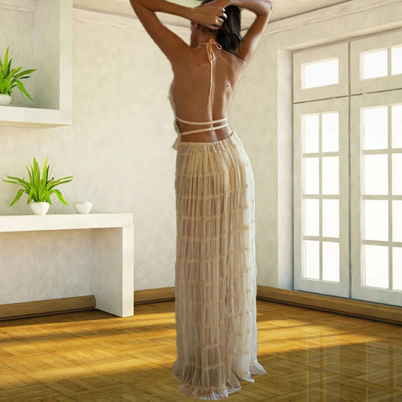 Halter Neck Backless Pleated Lace Long Dress