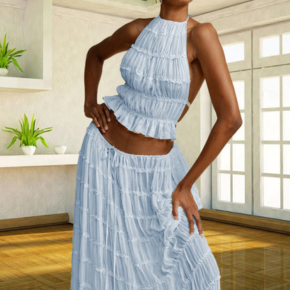 Halter Neck Backless Pleated Lace Long Dress
