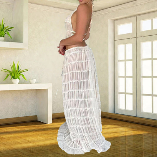 Halter Neck Backless Pleated Lace Long Dress