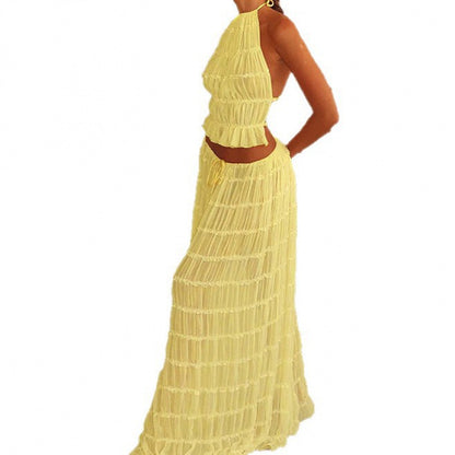 Halter Neck Backless Pleated Lace Long Dress