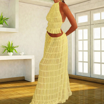 Halter Neck Backless Pleated Lace Long Dress