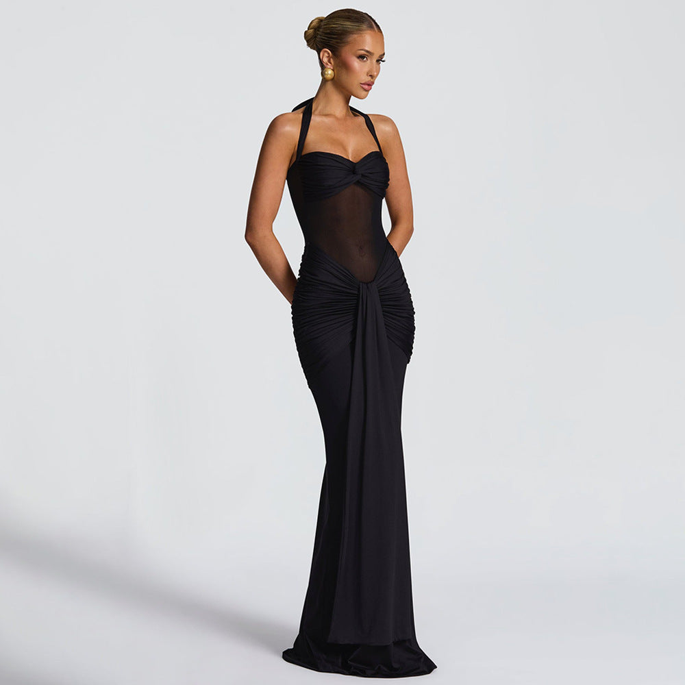 Halter Neck Mesh Splicing Long Dress