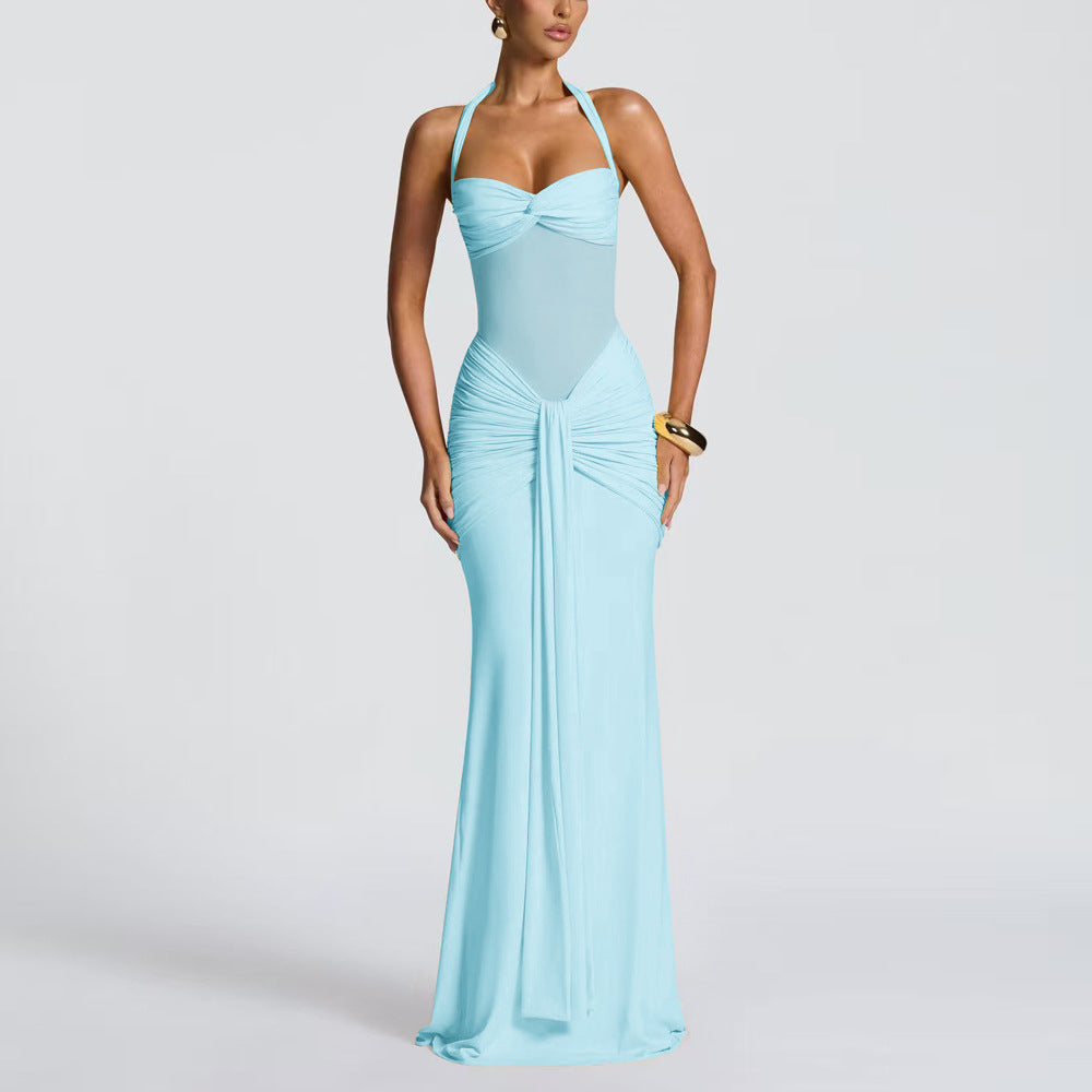 Halter Neck Mesh Splicing Long Dress