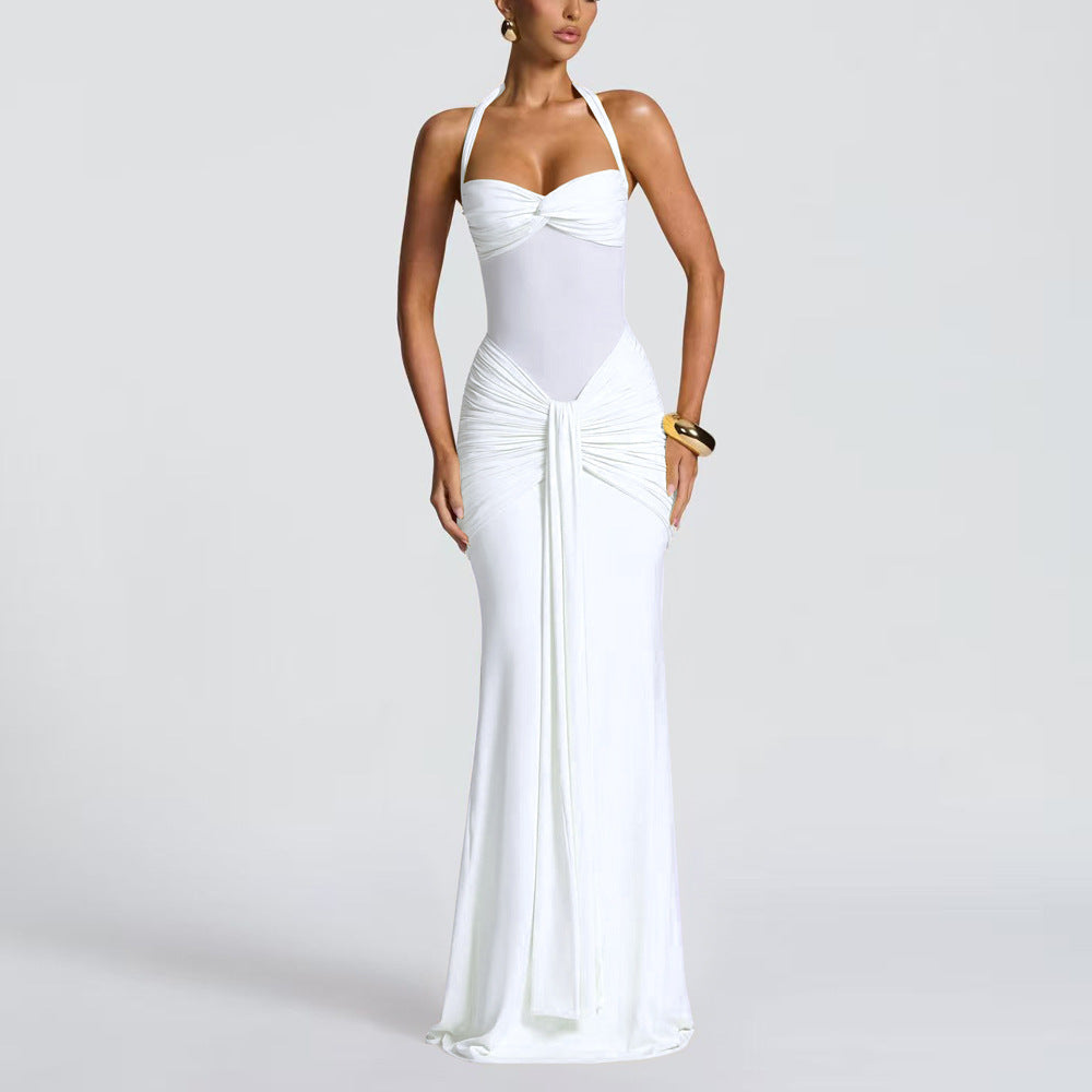 Halter Neck Mesh Splicing Long Dress