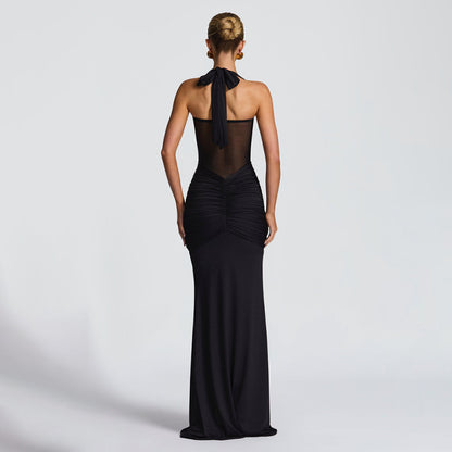 Halter Neck Mesh Splicing Long Dress