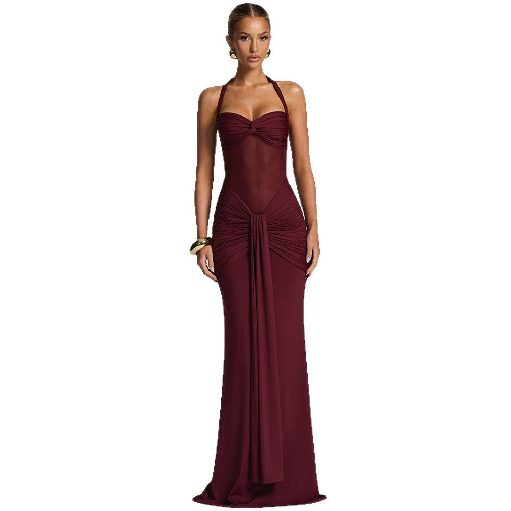 Halter Neck Mesh Splicing Long Dress