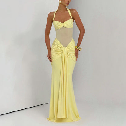 Halter Neck Mesh Splicing Long Dress