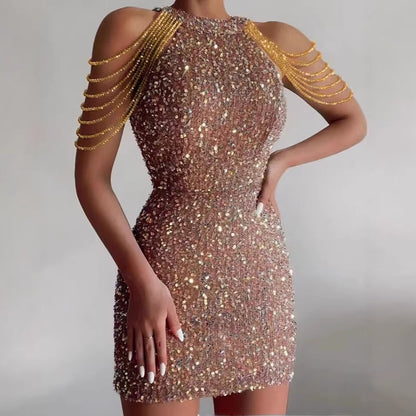 Halter Neck Sexy Crystal Chain Bodycon Sequin Mid-Waist Evening Dress