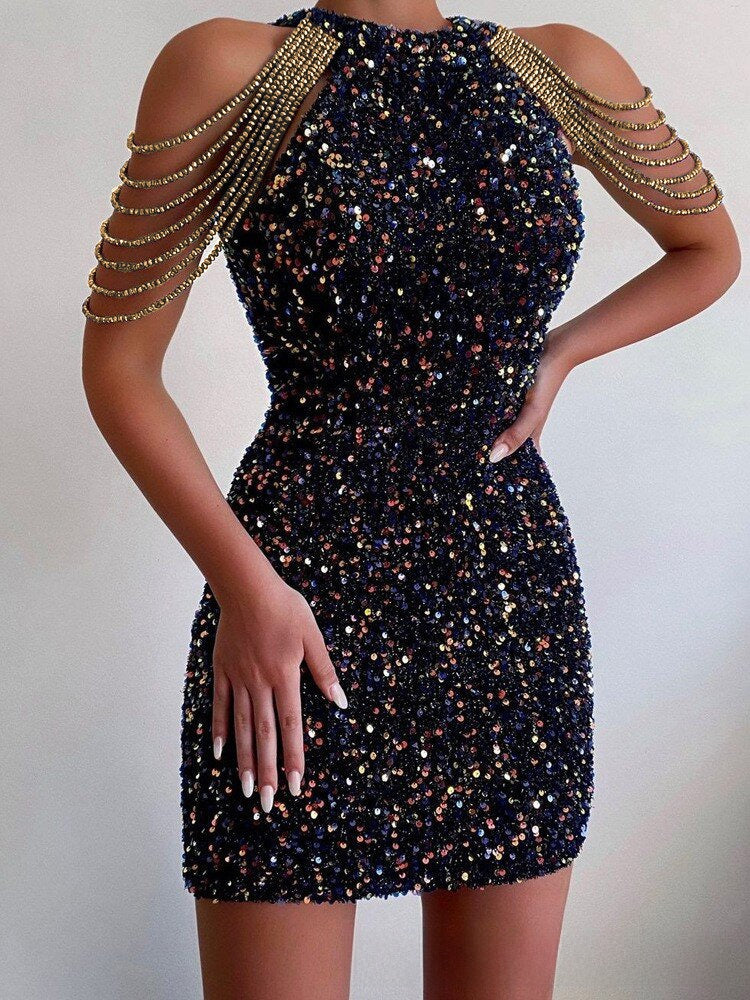 Halter Neck Sexy Crystal Chain Bodycon Sequin Mid-Waist Evening Dress