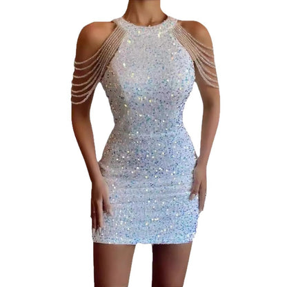 Halter Neck Sexy Crystal Chain Bodycon Sequin Mid-Waist Evening Dress