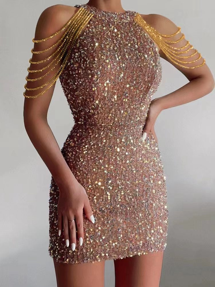 Halter Neck Sexy Crystal Chain Bodycon Sequin Mid-Waist Evening Dress