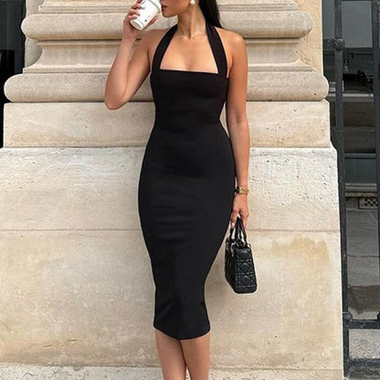 Halter-neck solid-color dress