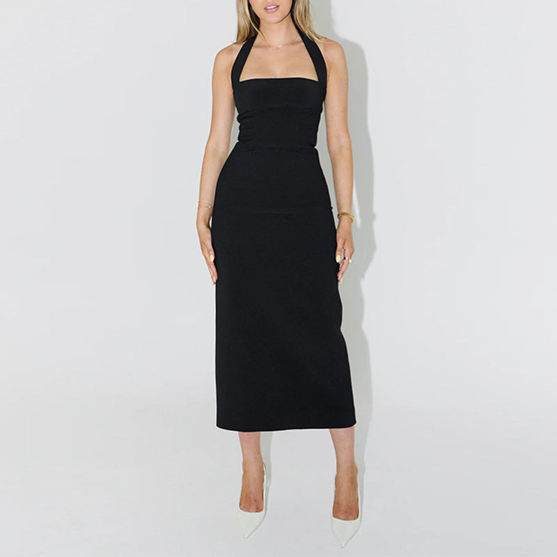 Halter-neck solid-color dress