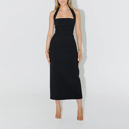 Halter-neck solid-color dress