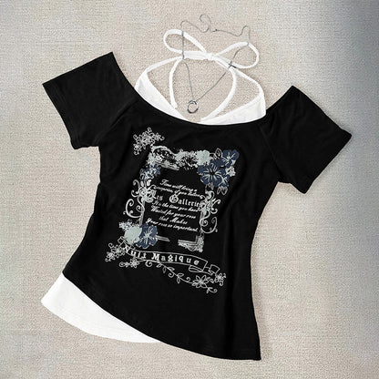Halter-style two-piece designed short-sleeve T-shirt, vintage summer cropped top