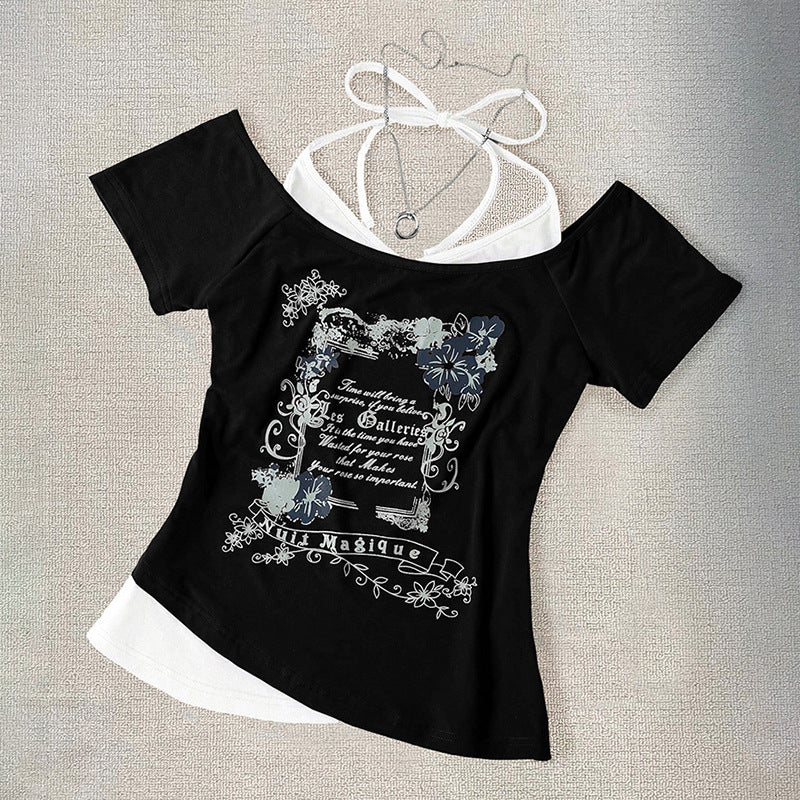 Halter-style two-piece designed short-sleeve T-shirt, vintage summer cropped top