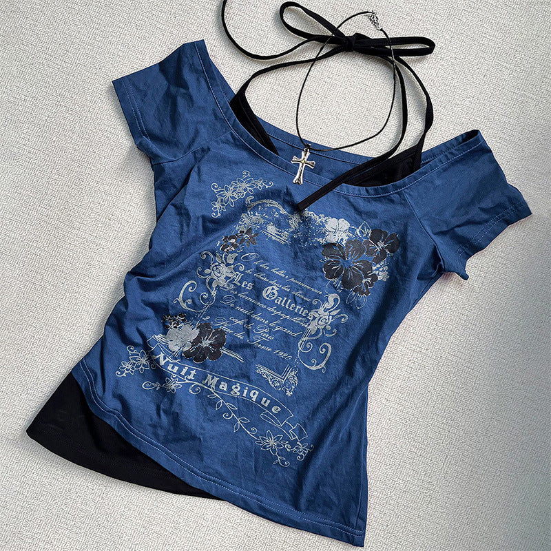 Halter-style two-piece designed short-sleeve T-shirt, vintage summer cropped top