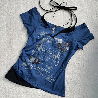Halter-style two-piece designed short-sleeve T-shirt, vintage summer cropped top