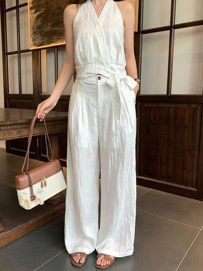 Halter Top and Versatile Wide-Leg Pants Two-Piece Set