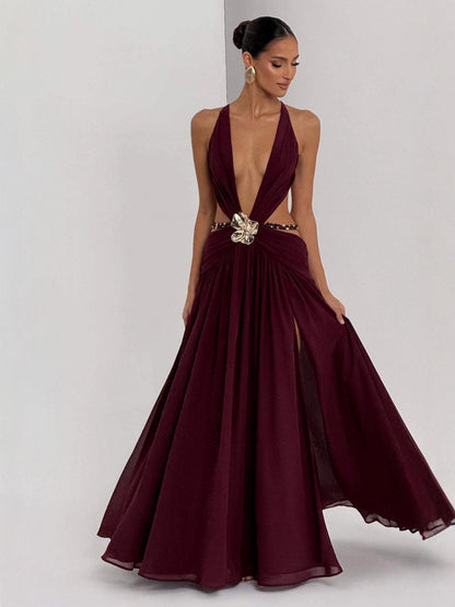 Halterneck Deep V Back Lace Up High Slit Dress