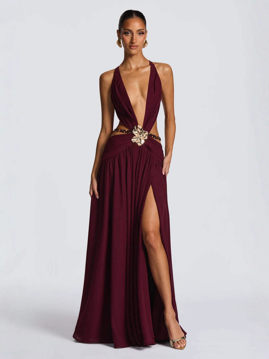 Halterneck Deep V Back Lace Up High Slit Dress