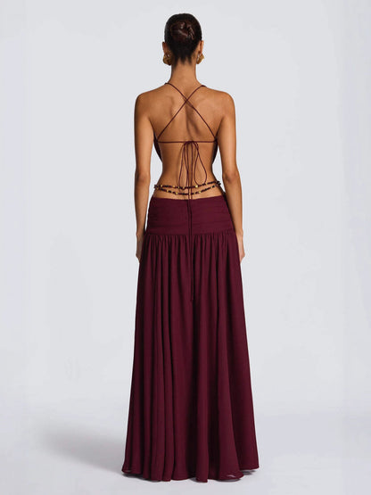 Halterneck Deep V Back Lace Up High Slit Dress