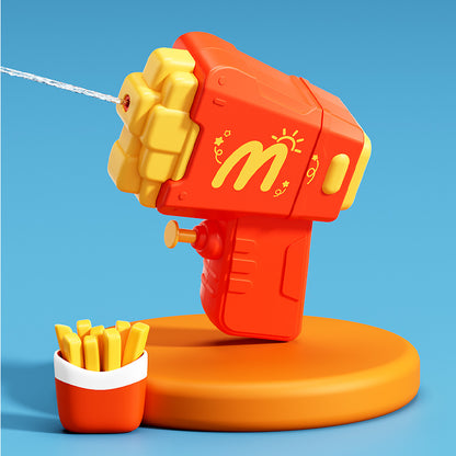 Hamburgers, fries, toy water gun