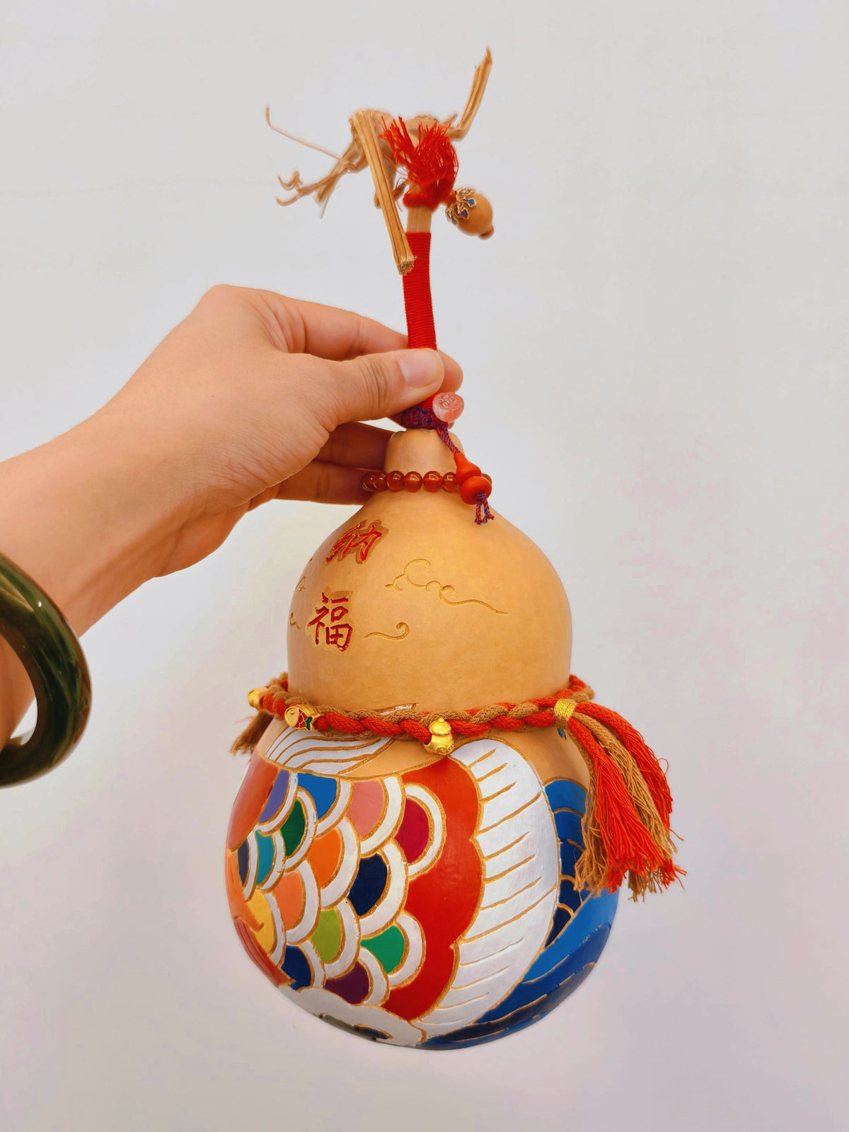 Hand-Carved Gourd Ornament with Pyrography Design