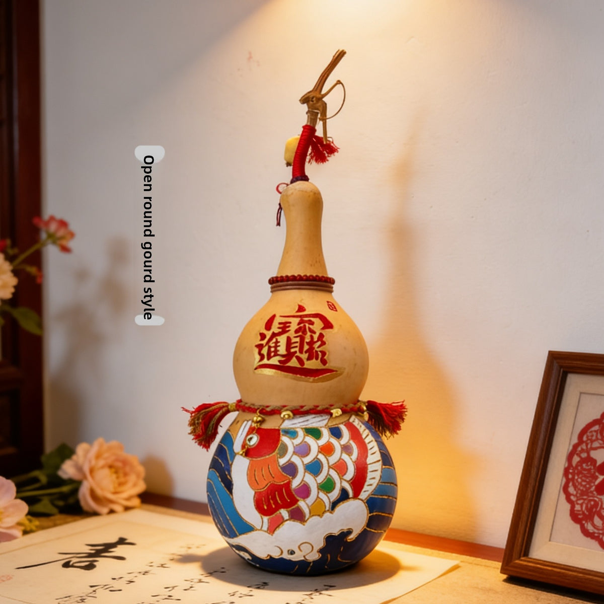 Hand-Carved Gourd Ornament with Pyrography Design