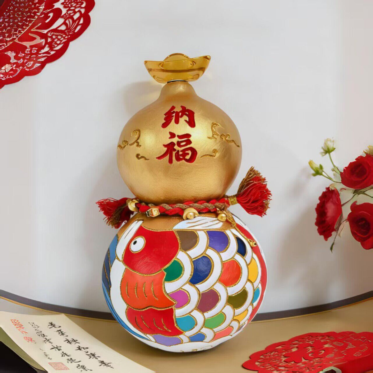 Hand-Carved Gourd Ornament with Pyrography Design