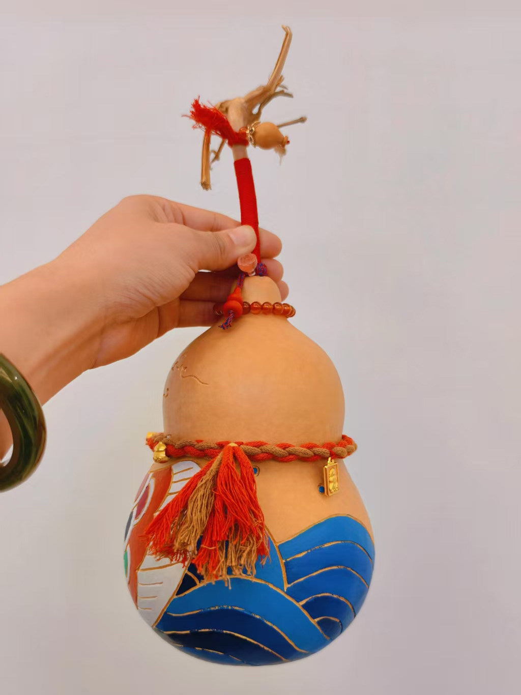 Hand-Carved Gourd Ornament with Pyrography Design